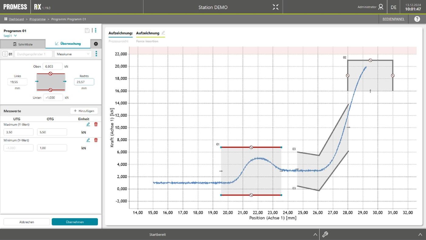 Die Software RX mit Kraft-/Weg-Überwachung.