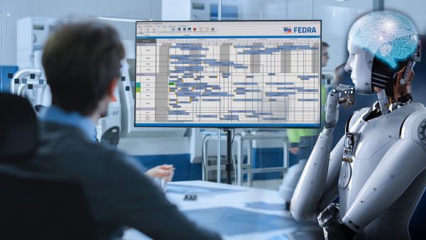 Bei APS FEDRA von MPDV unterstützt Künstliche Intelligenz (KI) die automatische Fertigungsplanung (Quelle: MPDV, Adobe Stock, Gorodenkoff, phonlamaiphoto)